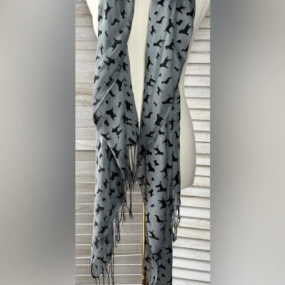 Dog Speak Gray Scarf Black Dog Print Fringe Wrap OS Cute Cozy Gift Trendy